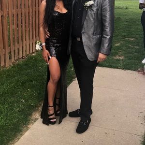 black sequin strapless prom dress
